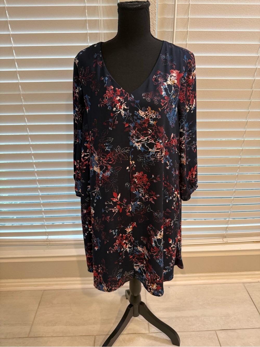 Navy Floral V-Neck Swing Dress - Women's